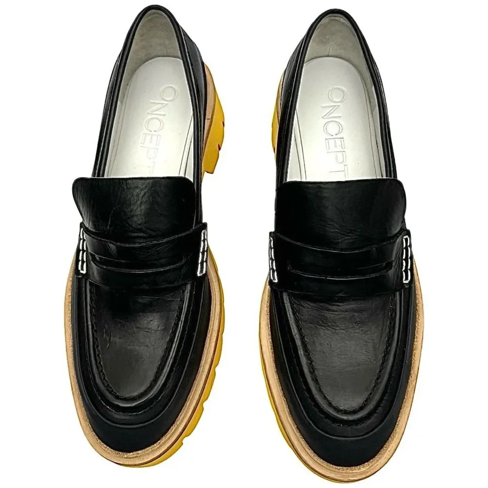 Anthropologie Oncept Heeled Loafers Black Yellow Womens Size 9 Boho Hipster NWOB